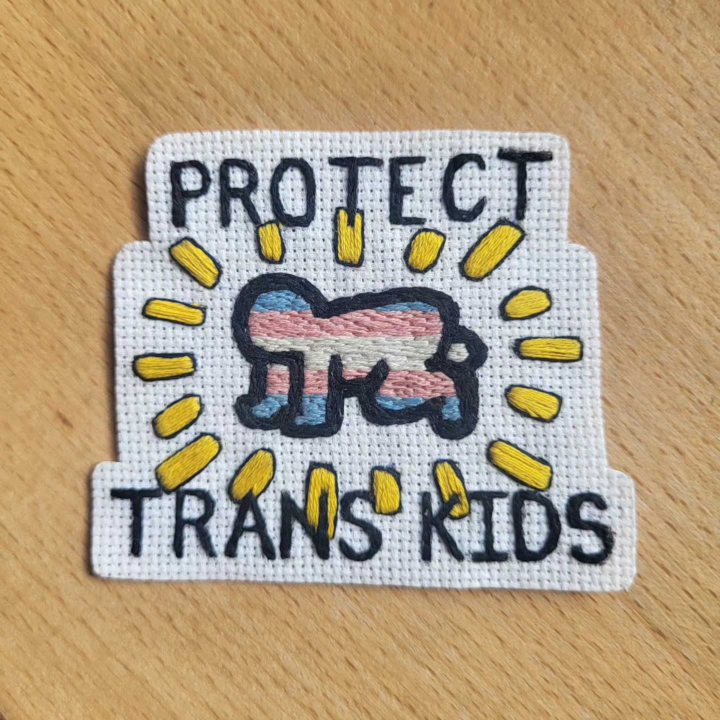 Protect Trans Kids, Keith Haring inspired patch or hoop art