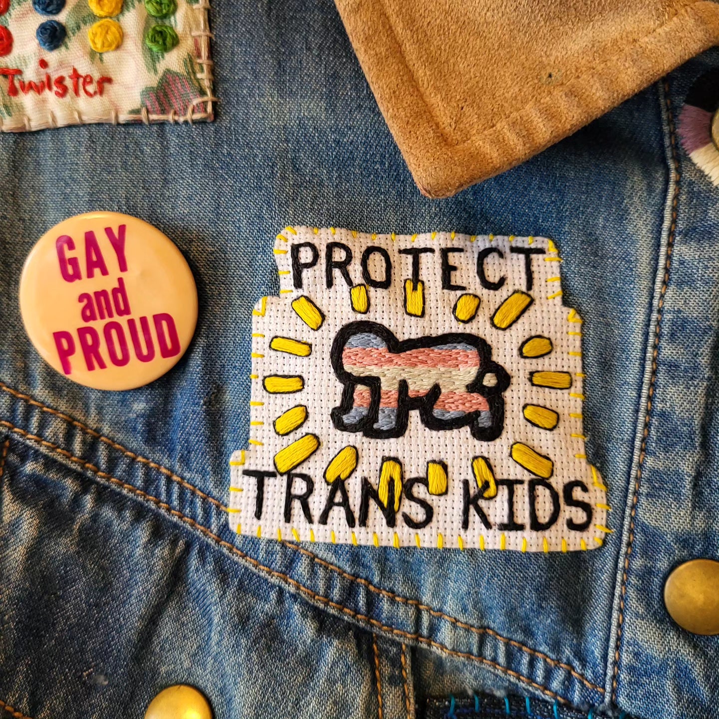 Protect Trans Kids, Keith Haring inspired patch or hoop art
