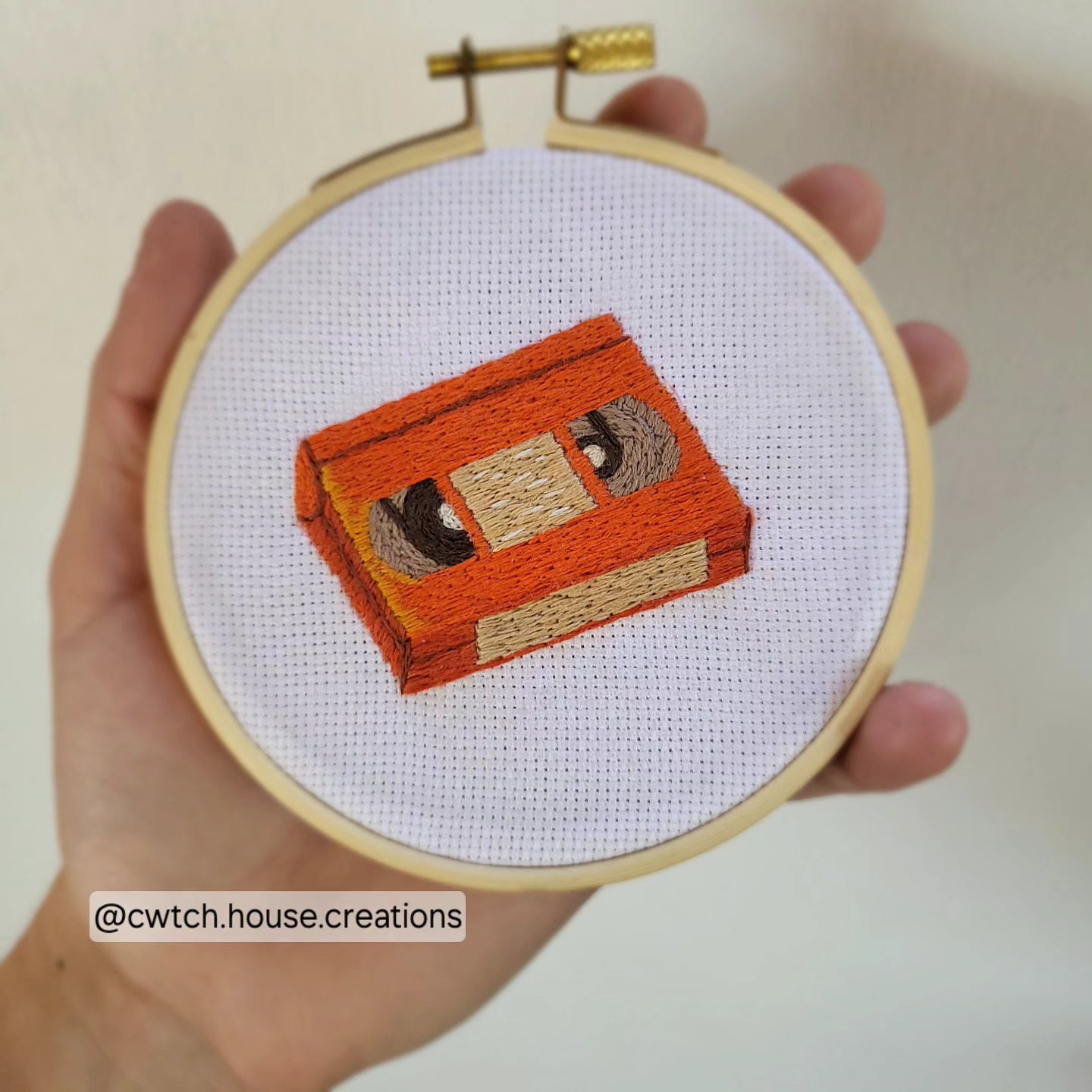 Orange VHS, Nostalgia, Handstitched Embroidery (patch or hoop art)