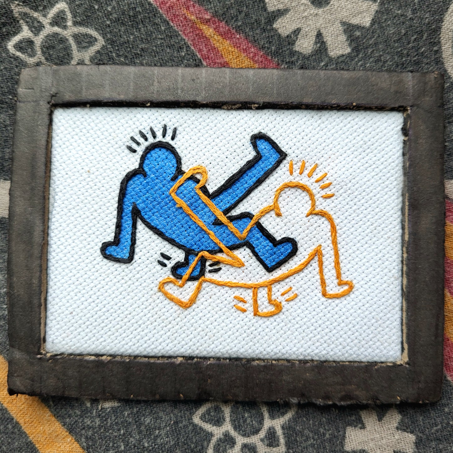 keith haring double barking dogs, handmade, cardboard framed wall art