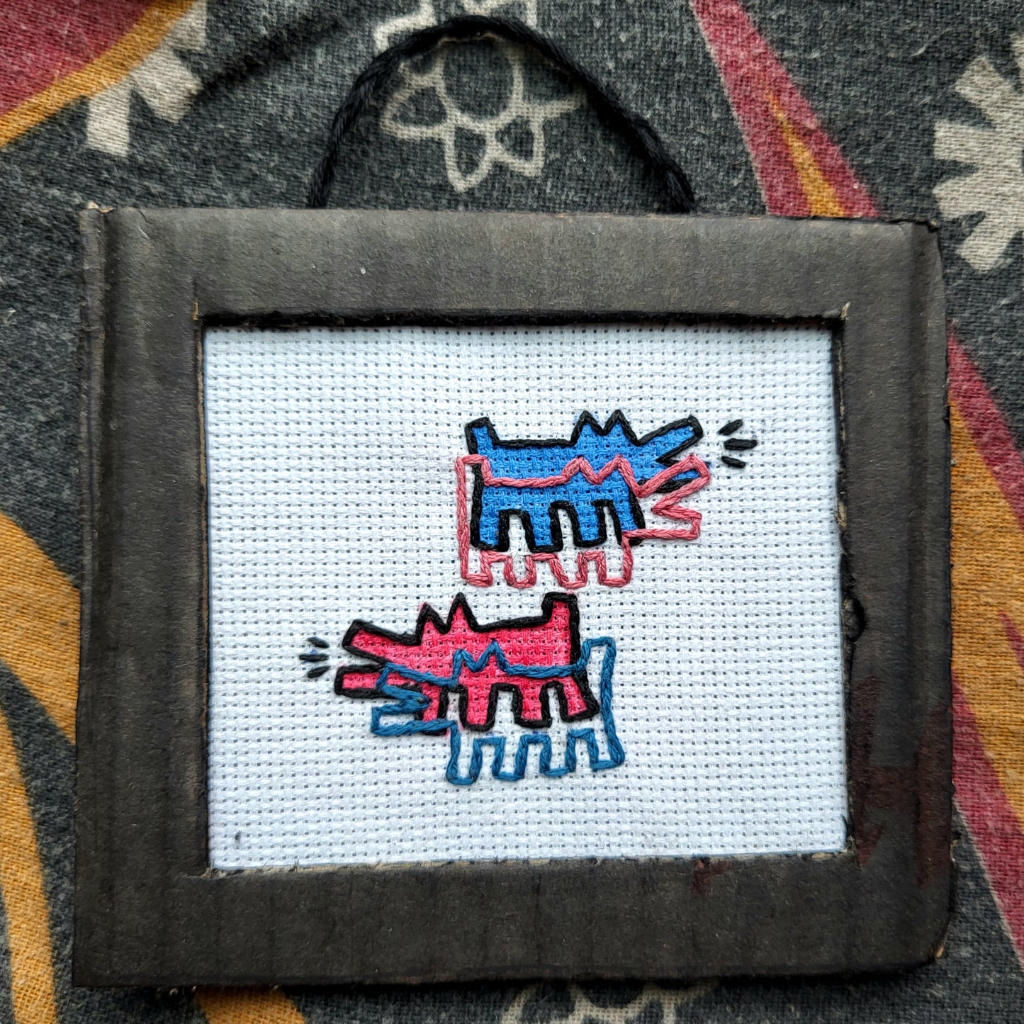 keith haring doubled barking dogs, cardboard framed, handmade artwork