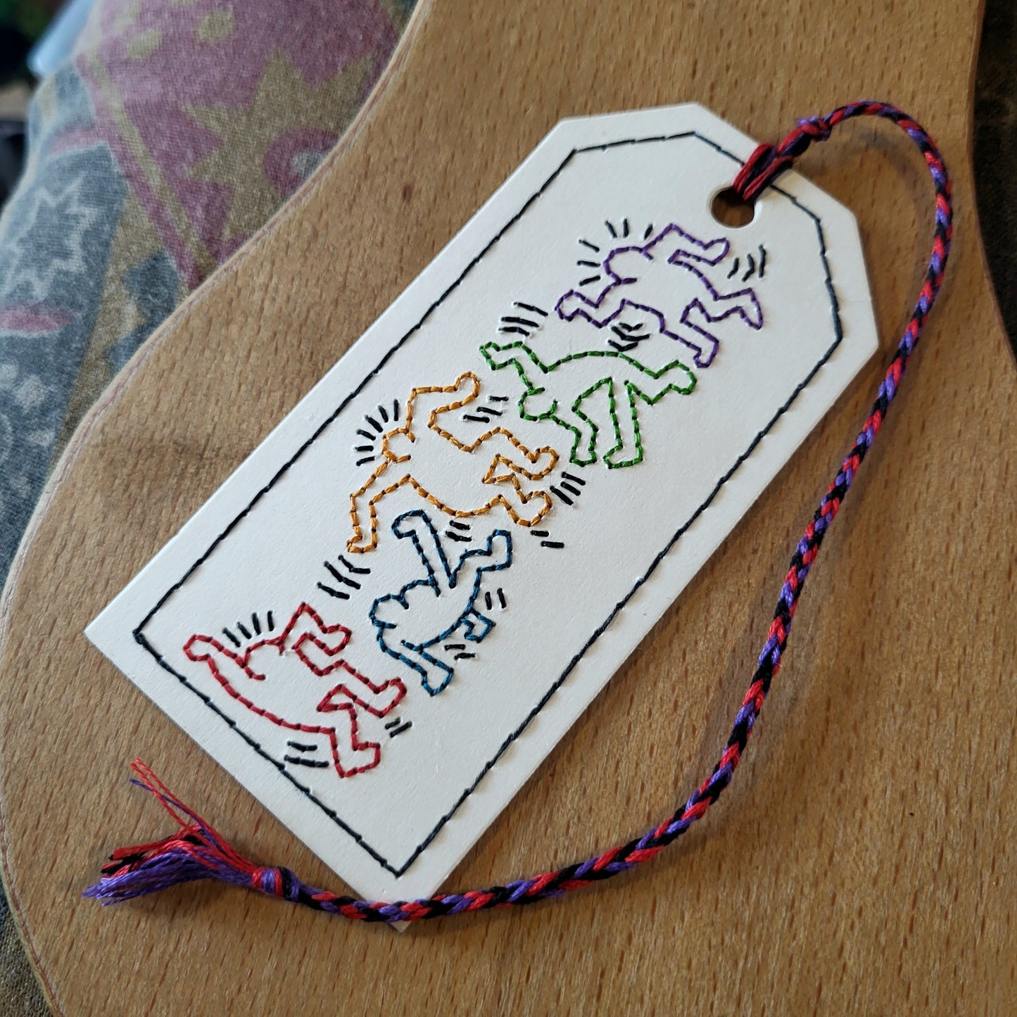 bookmark, handmade keith haring heart dancer embroidery