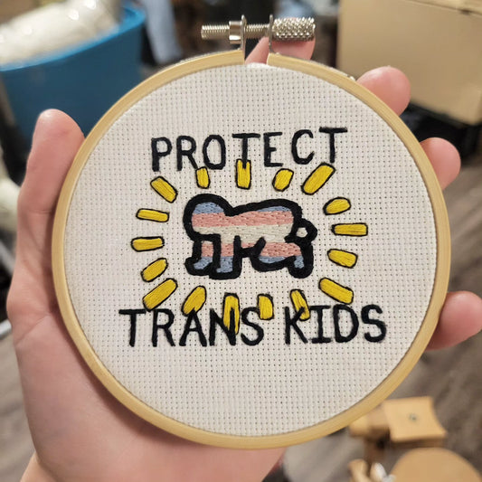 Protect Trans Kids, Keith Haring inspired patch or hoop art