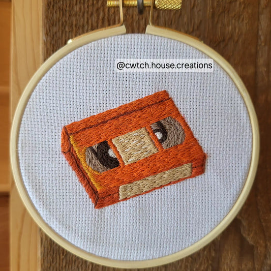 Orange VHS, Nostalgia, Handstitched Embroidery (patch or hoop art)