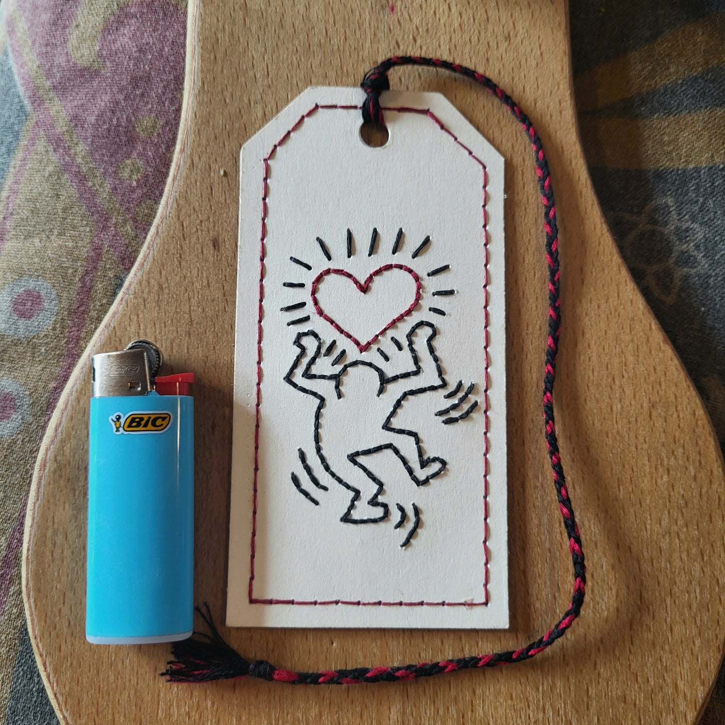 bookmark, hand made keith haring heart dancer embroidery