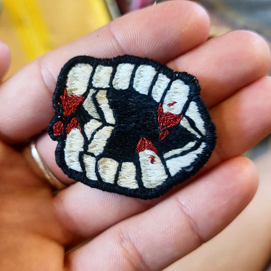 Fake Vampire Teeth, shiny blood, hand stitched patch