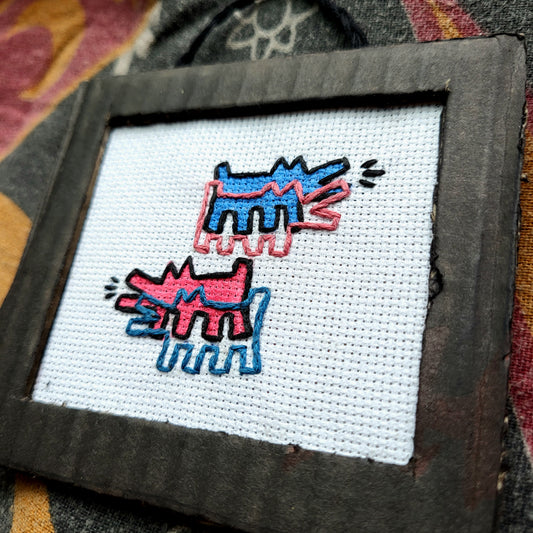 keith haring doubled barking dogs, cardboard framed, handmade artwork