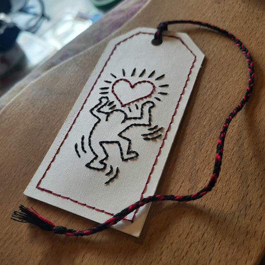 bookmark, hand made keith haring heart dancer embroidery